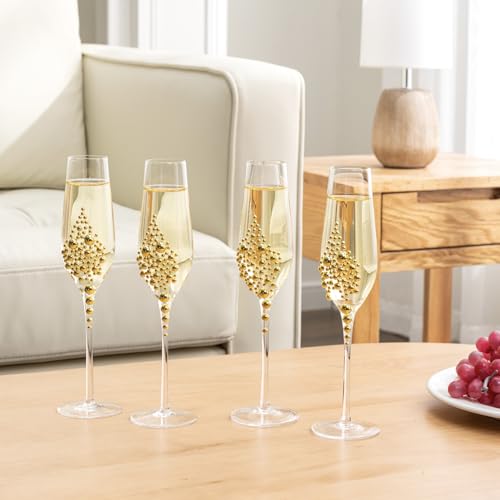 MyGift Champagne Flutes 6 oz, Clear Glass Stemmed Toasting Glasses with Faux Gold Pearls – Wedding, Bridal Shower & Bachelorette Party Glassware Set of 4 - color: Gold
