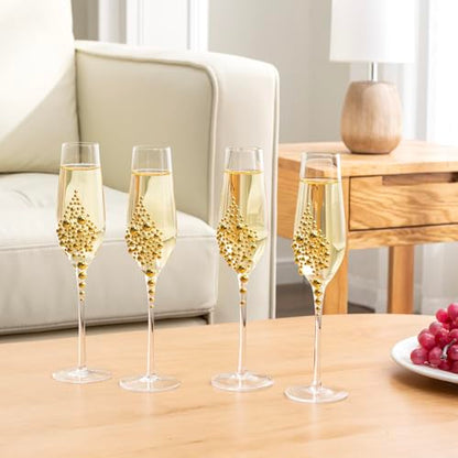 MyGift Champagne Flutes 6 oz, Clear Glass Stemmed Toasting Glasses with Faux Gold Pearls – Wedding, Bridal Shower & Bachelorette Party Glassware Set of 4 - color: Gold