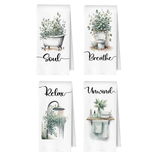 Sage Green Eucalyptus Bathroom Hand Towels Set, Eucalyptus Bathroom Decor, Soak Relax Breath Unwind Botanical Decorative Waffle Hand Towels, 16x24 Inches Set of 4 - color: Christian- 05