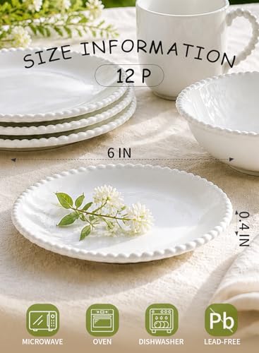 6 Inch White Porcelain Beaded Dessert Plates Set of 12 | Round Shape,Ceramic,Small,Dinner Serving Dishes,for Appetizer,Cake,,Snacks,Fruits, Microwave, Dishwasher,Oven Safe - size: 6 Inch - 12P