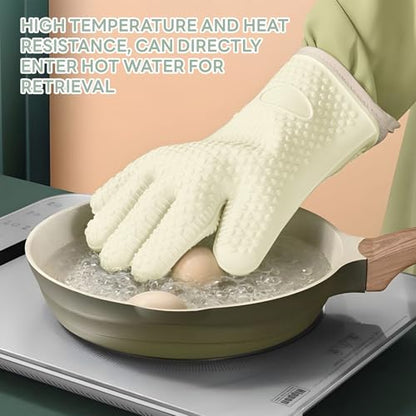 1 Pair Oven Mitts, Heat Resistant Protective Oven Gloves, Cotton Lined Silicone Kitchen Mitts Pair, Nonslip Silicone Cooking Gloves with Fingers (White) - color: White