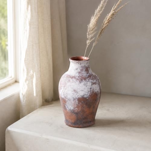 Handmade Rustic-Style Ceramic Decorative vase, Dimensions 8.3 x 5.5 inches, Featuring Distressed Gray and Terracotta hues, Suitable for Rustic, Country, and Various Decor Styles.