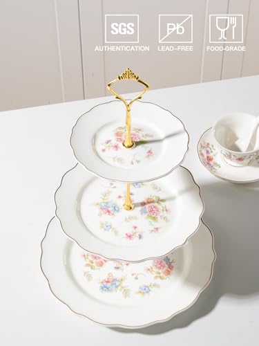 Sweejar 3 Tier Ceramic Cake Stand Wedding, Dessert Cupcake Stand for Tea Party Serving Platter(Small Flower) - color: Small Flower