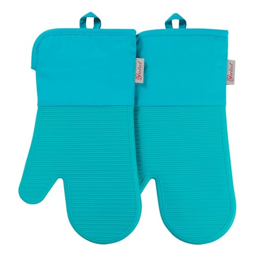 YUTAT Silicone Oven Mitts,High Heat Resistant Up to 500 Degrees,Waterproof Cooking Gloves with Soft Polyester Filling,Kitchen Potholder Set - Perfect for BBQ, Baking and Cooking,Green,2 Pcs Set - color: Green-striped Surface, size: 13“L x 7"W-2 Piece