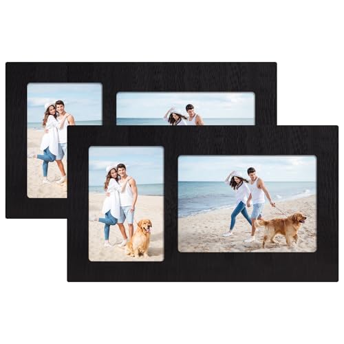 YESKAY 4x6 and 5x7 Collage Picture Frame Set of 2,Real Glass 2-Opening Wooden Photo Frames,Display 4 by 6 and 5 by 7 Photos for Wall Decor or Tabletop,Rustic Black - color: Rustic Black, size: 4x6&5x7-2 Opening(OD:7x12in)