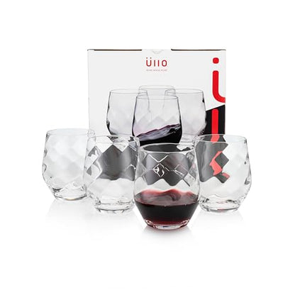 Üllo Aer Crystal Stemless Wine Glasses with Aerating Swirl Design for Enhanced Flavor, Clear, Set of 4