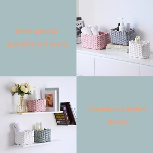 hand-knitted velvet rope storage basket set of 3 - soft cotton rope desktop cosmetics organizer box - nesting multi-functional storage basket (Light gray) - color: Light Gray