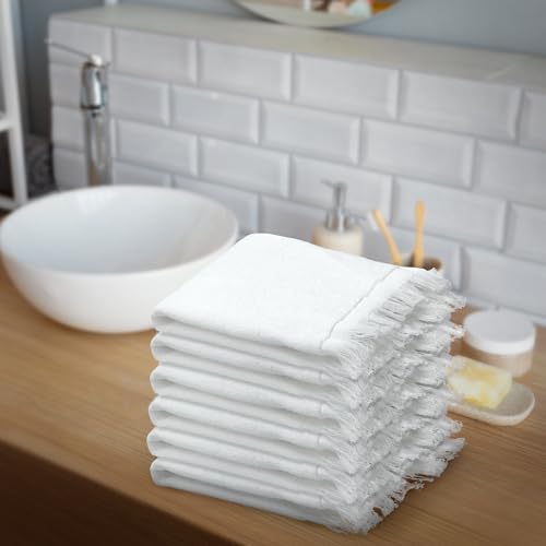 Fringed Reversible Fingertip Hand Towel (Size 11" W x 18" L) Terry Cotton Washcloth Set for Face and Bathroom use. (White, 3)