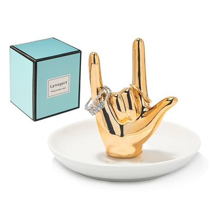 Lynagert I LOVE YOU Hand Ring Holder Dish Ceramic Jewelry Holder Dish Trinket tray for Rings Earrings Necklace Organizer, Engagement Wedding Ring Holder, Christmas Birthday Gifts (Golden) - color: Golden