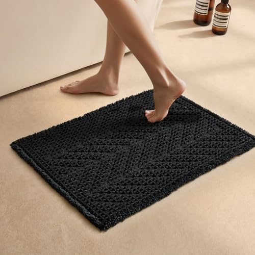 Sunfly Black Bathroom Rug, Waffle Bath Mat Non-Slip Washable Super Absorbent Quick Dry,Quick Drying，Boho Farmhouse Bathroom Decor 16"x24" Black - color: Black, size: 1'4" x 2' (Rectangular)