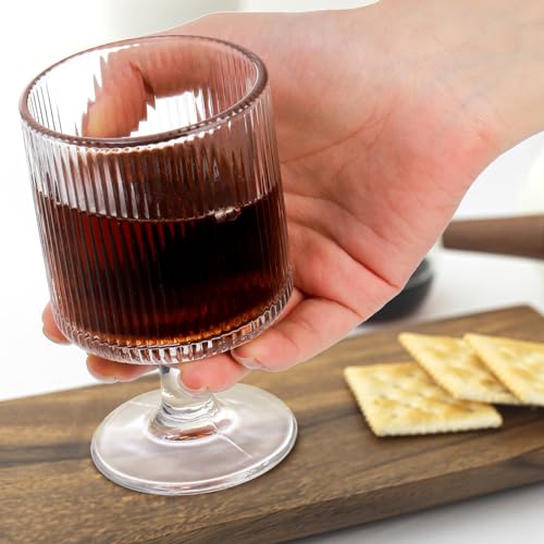 DEAYOU Set of 6 Ribbed Vintage Wine Glasses, 8 oz Clear Interlocking Ribbed Water Goblet Glasses, Unique Short Stem Cocktail Glasses for Iced Tea, Juice, Whiskey, Beer, Dessert, Party