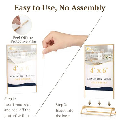 EHWINE 6 Pack Acrylic Sign Holder 4 x 6, Double Sided Gold Picture Frame Stand up Table Top Sign Holders, Clear Display Stand Menu Flyer Holder for Wedding Party