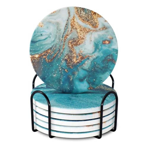 Blue Marble Ceramic Coasters with Holder Absorbent Drink Coaster Set Outdoor Round Abstract Cute Table Decorative Coffee Cup Beverage Fun Wine Beer Bar Gold Housewarming 6 Pack - style: blue gold