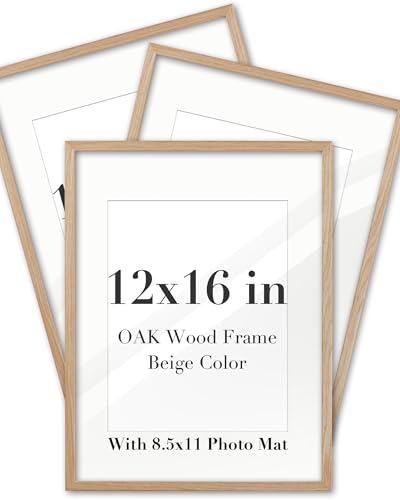 EcoHest 12x16 in Solid Oak Wood Narrow Border Wall Picture Frame | Natural Oak Wood Frame with 8.5x11 Mat, Acrylic Front, Thick Backboard, Photo Poster Display for Bedroom, Living Room, 3Pack - color: Beige With Mat, size: 16"L x 12"W 3Pack