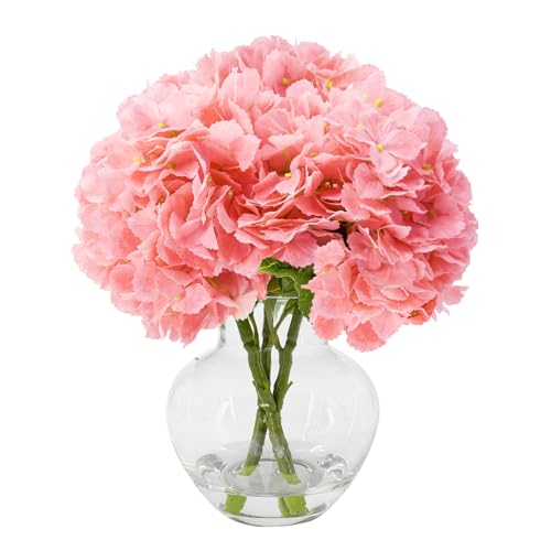 Hydrangea Artificial Flowers with Glass Vase, Real Touch FauxHydrangea Arrangement with Faux Water, Ready-to-Display Table Centerplecefor Bathroom, Shelf, Home Décor (Light Pink) - color: Light Pink