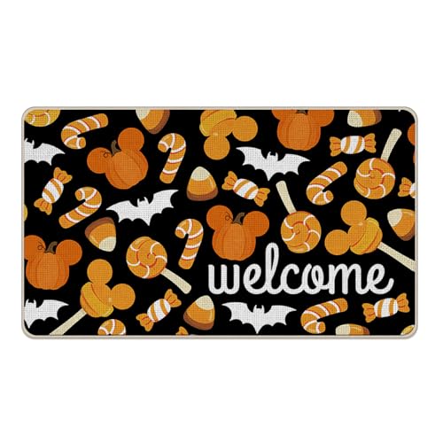 Pycat Welcome Halloween Pumpkin Candy Cane Decorative Front Door Mat | Funny Lollipop Bat Doormat Indoor Outdoor Non-Slip Floor Entryway Rug, Candy Corn Home Kitchen Decoration 17''x29''