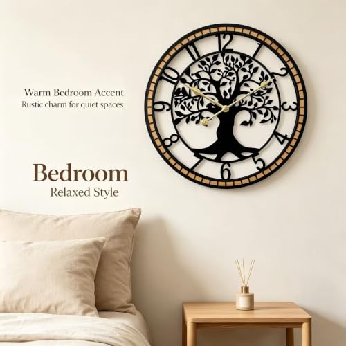 Large Wall Clock for Living Room Decor 22 Inch Tree of Life Metal Wall Art, Non-Ticking Battery Operated Metal Black with Solid Wood Frame for Office/Bedroom/Kitchen/Dining Room Decoration - size: B 22 Inch