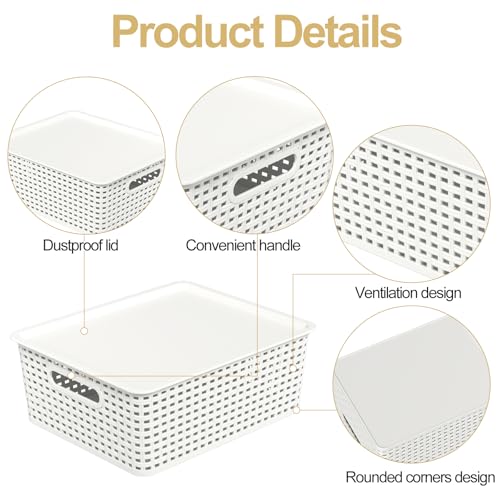 6 Packs Plastic Woven Storage Basket with Lid, Stackable Lidded Storage Baskets for Shelves (White)