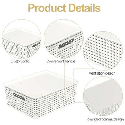6 Packs Plastic Woven Storage Basket with Lid, Stackable Lidded Storage Baskets for Shelves (White)