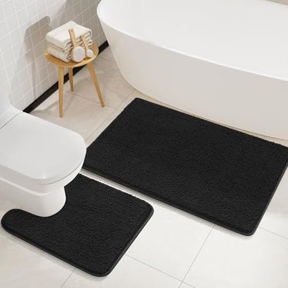 LOCHAS Bathroom Rugs Sets 2 Piece, 20''x20'' & 34''x21'', Black | Non Slip U-Shaped Toilet Rug, Chenille Washable Absorbent, Soft Bath Mat Set for Shower, Sink - color: Black