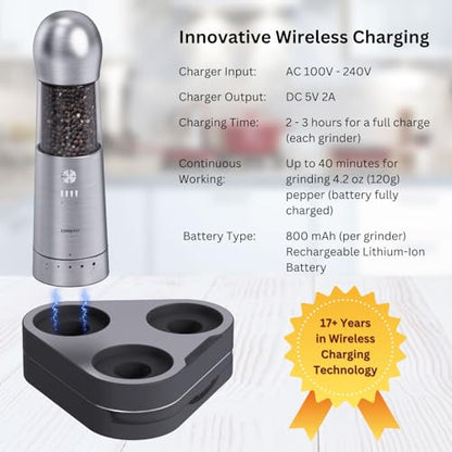 COSPRO Electric Salt and Pepper Grinder Set of 3 with Wireless Charging Base | Rechargeable Automatic Pepper Mill | Stainless Steel | One-Hand Use | Adjustable Coarseness | Easy Clean | Kitchen Gift - size: Set of 3