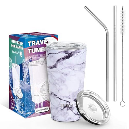 THILY Stainless Steel Vacuum Insulated Tumbler Travel Mug 20 oz Coffee Cup with 2 Lids and Straws, Splash Proof, Keep Ice Drinks Cold, White Marble - color: White Marble, size: 20 Ounce (Pack of 1)