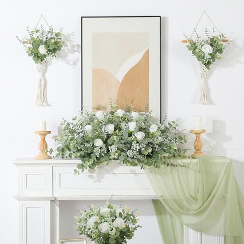 LUWENER 60 Pcs 4 Kinds Mixed Artificial Eucalyptus Leaves Stems,Bulk Fake Silver Dollar Leaves Faux Greenery Branches for Wedding DIY Bouquets, Floral Arrangement & Home Decor | White Silk Roses and Baby Breath Bulk, Fake Silver Dollar Leaves for Wedding