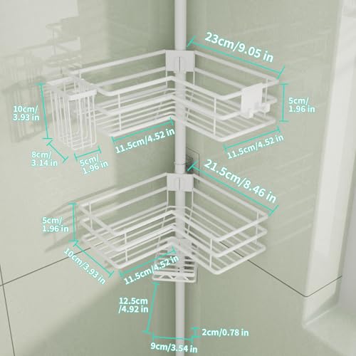 HapiRm Corner Shower Caddy Organizer - Shower Organizer Corner with Soap Holder, Toothbrush Holder and 4 Hooks, Rustproof Bathroom Shelf Tension Pole Available for 27.6 to 108.3 Inch - White