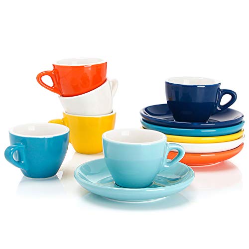 Sweese 2 Ounce Espresso Cups with Saucers, Porcelain Espresso Cups Set of 6 - Hot Assorted Colors - color: Multicolor, size: 2OZ