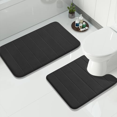 Yimobra Memory Foam Bath Mat Set 2 Piece - Super Soft Absorbent Quick Dry Bathroom Toilet Rugs, Machine Washable Non Slip Floor Carpet for Tub Shower & Single Sink (31.5x20 & 24x20, Black) - color: Black, size: 31.5x20+24x20 Inch