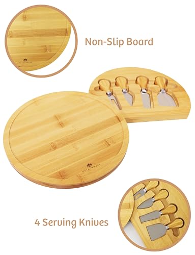 Bamboo Round Cheese Board and 4 Knives Set with Slide-Out Cutlery Drawer | Charcuterie Boards Set - House Warming Gifts New Home, Wedding Gifts for Couple, Bridal Shower Gifts - style: Round Cheese Board Set