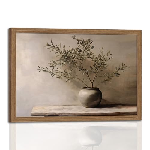 Framed for Living Room Rustic Olive Branch Still Life Wall Art Minimalist Botanical Plant Vase Painting, Rustic Farmhouse Neutral Still Life Print Picture for Living Room Bedroom Office 16x24in - color: Olive Branch, size: 16x24 Inches
