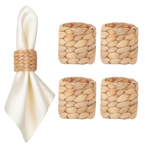 Napkin Rings Set of 4, Handmade Water Hyacinth Boho Napkin Rings, Anillos para Servilletas De Tela, Rustic Farmhouse Napkins Holder for Elegant Table Decoration, Christmas Table Decor, Wedding Decor