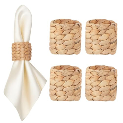 Napkin Rings Set of 4, Handmade Water Hyacinth Boho Napkin Rings, Anillos para Servilletas De Tela, Rustic Farmhouse Napkins Holder for Elegant Table Decoration, Christmas Table Decor, Wedding Decor