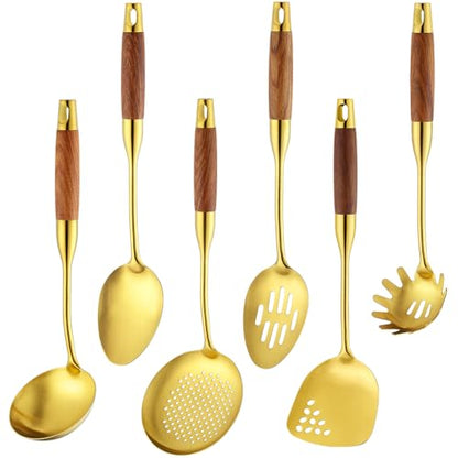 Izurok 18/10 Stainless Steel Kitchen Utensils Set,6 Piece Cooking Utensils With Wood Handle,Heat Resistant Kitchen Tool Set With Spatula, Spoon, Ladle, Skimmer, Slotted Spoon, Pasta - color: GOLD-6 Pieces, size: Large