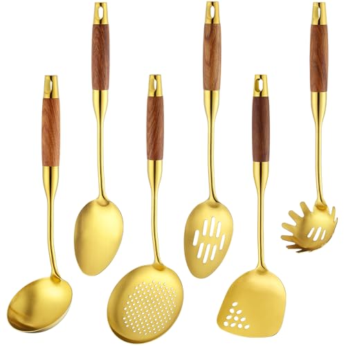 Izurok 18/10 Stainless Steel Kitchen Utensils Set,6 Piece Cooking Utensils With Wood Handle,Heat Resistant Kitchen Tool Set With Spatula, Spoon, Ladle, Skimmer, Slotted Spoon, Pasta - color: GOLD-6 Pieces, size: Large