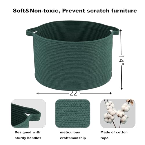 XUANGUO Extra Large Cotton Rope Round Storage Basket 22" x 14" Dark Green | Woven basket for blankets, toys, towels, laundry, nursery, living room and pet toy storage. - color: dark green