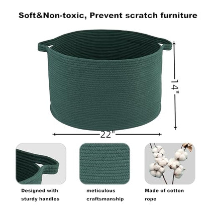 XUANGUO Extra Large Cotton Rope Round Storage Basket 22" x 14" Dark Green | Woven basket for blankets, toys, towels, laundry, nursery, living room and pet toy storage. - color: dark green