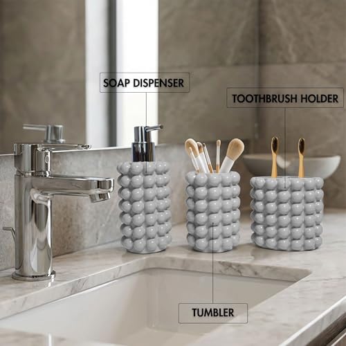 Better Trends Bathroom Accessories Set 3 Pieces Resin Bubble Textured Soap Dispenser, Toothbrush Holder & Tumbler for Vanity, Kitchen Sink & Countertop Organization Gray Nova Collection - color: Gray
