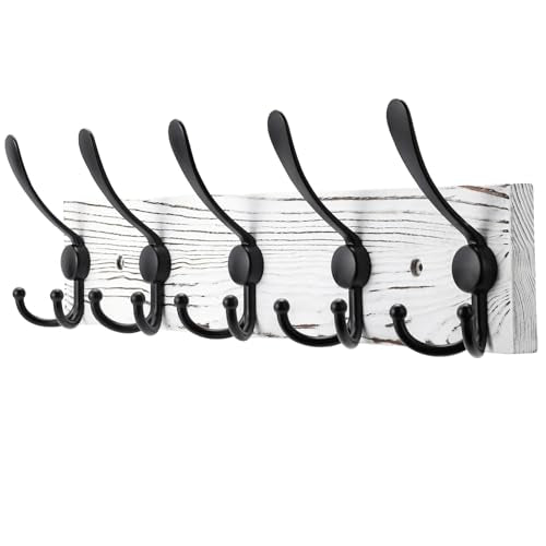 Kuhome Coat Rack Wall Mount Wooden Hat Rack for Wall Hooks Pine Real Wood Plank 16.9" White Coat Hanger with 5 Black Triple Hooks for Hanging Coat Hat Jacket - color: Old White Plate & Black Hook, size: 1 Item-5 Hooks