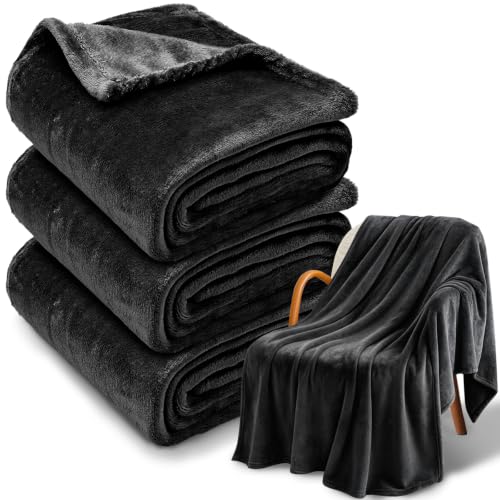 3-Pack Fleece Throw Blankets 50x60, 300GSM Soft Flannel Plush Blanket, Lightweight Warm Couch Sofa Bed Blankets, No Shedding All Season (Black) - color: Black