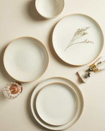 16 Piece Double Bowl Dinnerware Sets with Pasta Bowls, Highly Chip and Crack Resistant Plates and Bowls Sets, Natural Earthyware Ceramic Dishware Sets, Service for 4 Yellow White - color: Cream White, size: Set (16pcs)