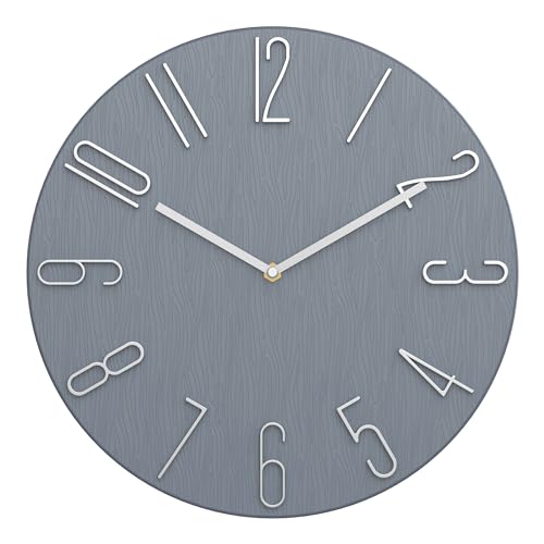 12 Inch Wall Clock Silent Non Ticking, 3D Relief Numbers Modern Style Decor Clock for Living Room Bedroom Kitchen Home Office School (Blue Grey)