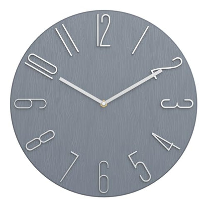 12 Inch Wall Clock Silent Non Ticking, 3D Relief Numbers Modern Style Decor Clock for Living Room Bedroom Kitchen Home Office School (Blue Grey)