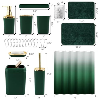 XLHOMO Bathroom Set - Dark Green Bathroom Sets with Shower Curtain and Rugs, 24PCS Shower Curtain Set with Hooks, Soap Dispenser, Soap Dish, Toilet Brush Holder and Trash Can for Housewarming - color: Dark Green and Gold, size: Bathroom Set+Shower Curtain