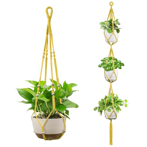 USLAI Macrame Plant Hanger Indoor Outdoor, Up to 4-15 inch Pot, Heavy 20lb Planters, Extra Long Strong Hanging Planter Basket Holder, Boho Home Decor, 35+72 Inch, Yellow (POTS NOT Included) - color: 35+72 Inch - Yellow