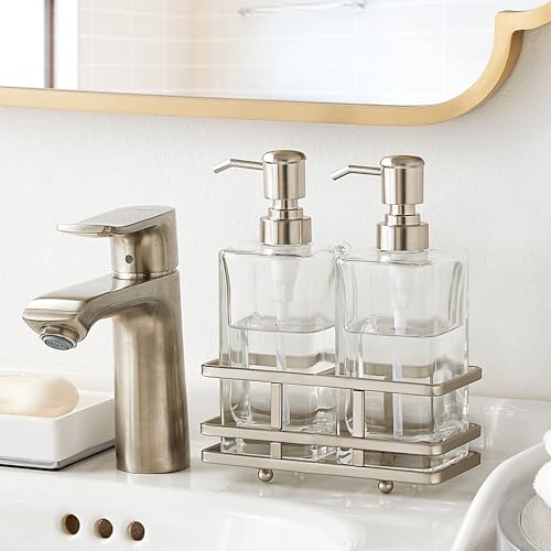 Square Glass Clear Lotion and Soap Pump Dispenser Set with Metal Stand Caddy for Bathroom Bath Kitchen Home Office Travel Hotel Hand Crafted Heavy Weight Nickel - color: Nickel