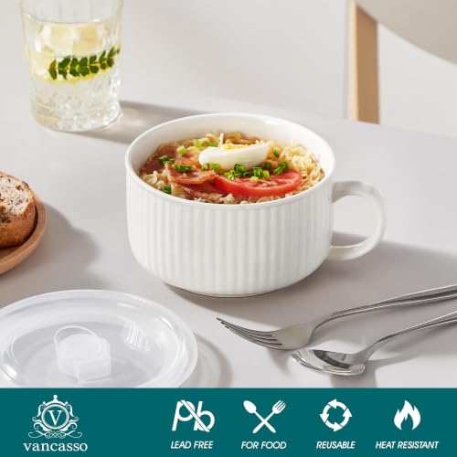 vancasso 38oz Soup Mug with Lid and Handle Steam Vent Bowl White 1 Pack | 38oz Large Ceramic Soup Mug, Vented Silicone Lid, Heat-Insulated Handle, Reactive Glaze, Microwave and Dishwasher Safe