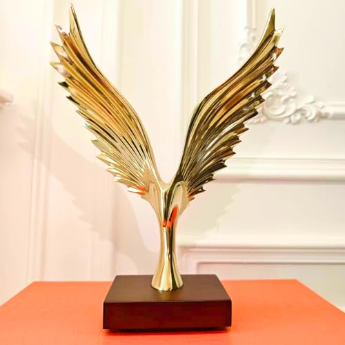 Abstract Brass Winged Eagle Sculpture with Wooden Base, Handmade Bronze Eagle Statue, Angel Wings Bronze Animal Figurine Art Decor, Eagle Symbol Statue for Office Home, Leather Gift Box Included - color: Gold