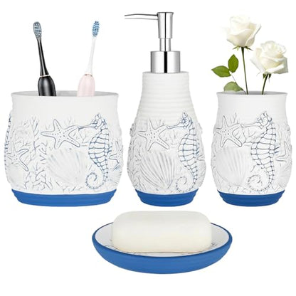 Beach Theme Bathroom Accessory Sets 4PCs Bathroom Set Complete Embossed Seashell Starfish Design Includes Lotion Dispenser Toothbrush Holder Tumbler Cup & Soal Dish - color: White With Blue, size: Soap Dish